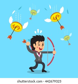 Businesswoman shooting money coins with a bow and arrows