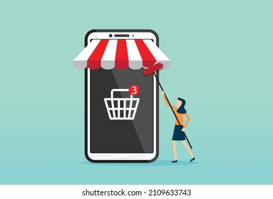 Businesswoman shop owner building new website, start selling product online, open shop online, virtual store, Vector illustration design concept in flat style