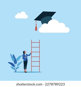 Businesswoman with too short ladder to reach high graduated mortarboard on the cloud. Education cost, scholarship opportunity. Modern vector illustration in flat style