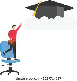 Businesswoman with too short ladder to reach high graduated mortarboard on the cloud. Education cost, scholarship opportunity. Modern vector illustration in flat style

