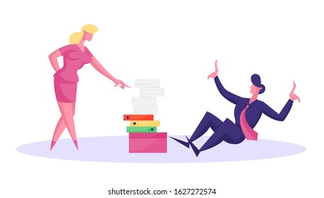 Businesswoman Shouting on Overwork Office Employee Sitting at Floor with Huge Pile of Documentation Folders. Bulling Deadline Boss Company Leader Hurry Worker with Job. Flat Vector Illustration