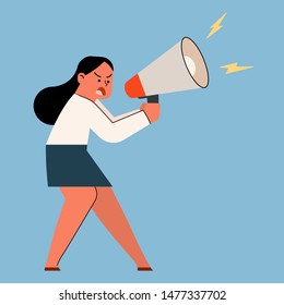 Businesswoman shouting and screaming with megaphone, vector cartoon illustration.