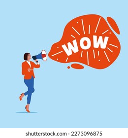 Businesswoman shouting wow message into loudspeaker. Girl with megaphone attracting attention. Modern vector illustration in flat style