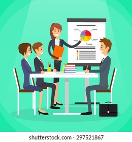 Businesswoman Show Graph Business People Group Conference Meeting Flip Chart Vector Illustration