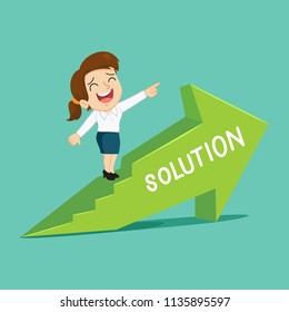 Businesswoman show green solution arrow, vector illustration cartoon