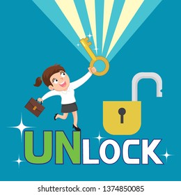 Businesswoman show the key unlock padlock, illustration vector cartoon
