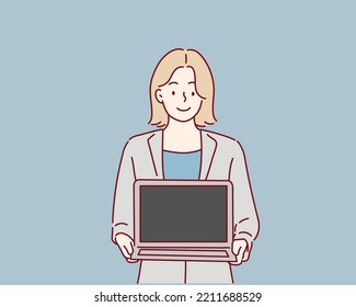 businesswoman showing blank screen laptop computer. Hand drawn style vector design illustrations.