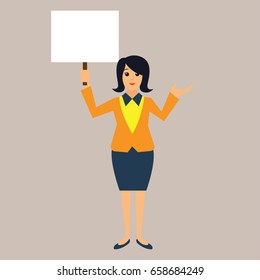 businesswoman showing blank signboard, with copyspace area for your text or slogan. vector illustration
