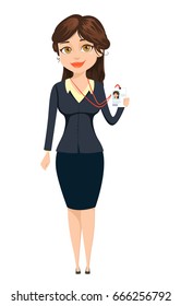 Businesswoman showing her badge. Business woman cute cartoon character. Business woman vector illustration isolated on white background