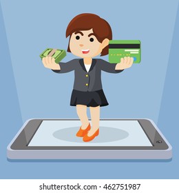 businesswoman showing mobile payment method