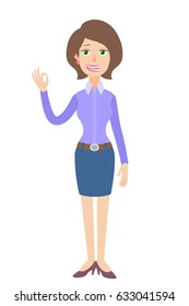 Businesswoman showing a okay hand sign. Full length portrait of Cartoon Businesswoman Character. Vector illustration in a flat style.