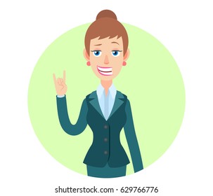 Businesswoman showing Rock and Roll sign. Portrait of Cartoon Businesswoman Character. Vector illustration in a flat style.