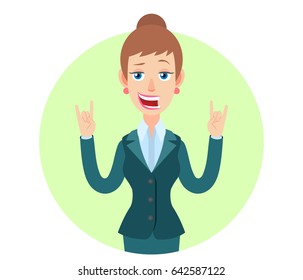 Businesswoman showing Rock and Roll sign. Portrait of Cartoon Businesswoman Character. Vector illustration in a flat style.