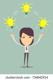 businesswoman showing she has an idea. Woman with a bright idea. Stock flat vector illustration.