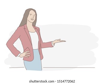 Businesswoman showing something. Hand drawn style vector design illustrations.