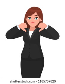 Businesswoman showing thumbs down gesture/sign. Dislike, disapprove, rejection, disagree concept illustration in vector cartoon style. Business woman in formal black suit.