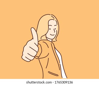 Businesswoman showing thumbs up sign. Hand drawn style vector design illustrations.