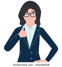 Businesswoman showing thumbs up sign. Office employee like, cool gesturing. Manager female personage in glasses agree, approve, accept, deal. Isolated vector illustration in cartoon flat style.