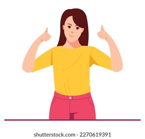 Businesswoman showing thumbs up sign. Proud positive woman showing positive gestures