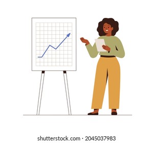 una mujer de negocios muestra en la pizarra un gráfico. Happy Female manager presenta el informe financiero y la estrategia de la empresa. Concepto de finalización satisfactoria de la tarea. Ilustración del vector