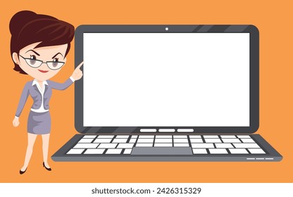 Businesswoman shows report presentation on laptop