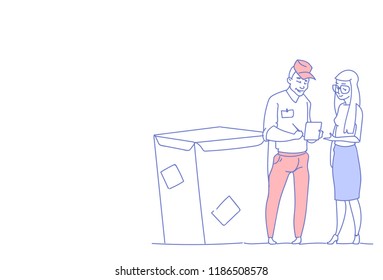 businesswoman sign document courier man box delivery package post service concept male female sketch doodle character horizontal vector illustration