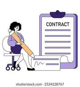 Concepto de contrato de firma de empresaria. Profesional femenino en atuendo de oficina finaliza un Acuerdo. Avance profesional, documentación legal y toma de decisiones corporativas. Ilustración vectorial.