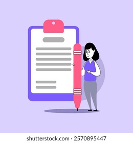 Businesswoman signing contract vector illustration. Tiny woman with huge pen, clipboard with documents on background. Business, agreement, deal concept