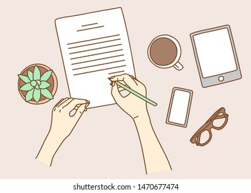 Businesswoman signing a document.  hands with pen and contract. Document with a signature. Desk with coffee, tablet, phone... vector illustration top view