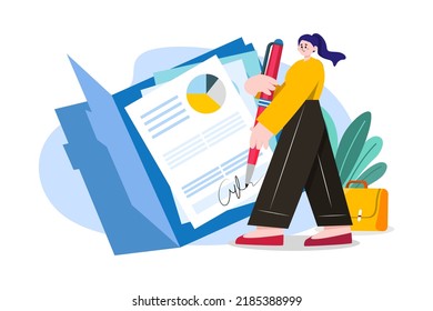 Businesswoman signing the document Illustration concept on white background