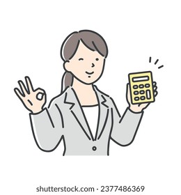 Businesswoman signing OK while showing a calculator.