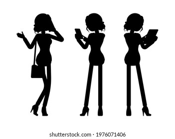Businesswoman silhouette, office worker with phone, tablet. Administrative manager person, corporate employee. Vector illustration, dark outline of full length adult figure, white background