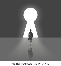 Businesswoman silhouette in suit standing in front of keyhole. Solution to problem business concept. Female looks at open opportunities. Walking go to goal. Vector illustration flat design.