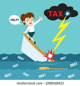 Businesswoman In Sinking Boat From Debt Tax, Illustration Vector Cartoon