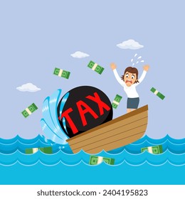 Businesswoman in a sinking boat with heavy taxes. illustration vector cartoon.