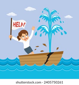 Businesswoman in a sinking boat with with a message asking for help. illustration vector cartoon.