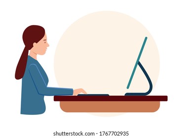 Businesswoman sit on desk and working on computer. Flat vector illustration 