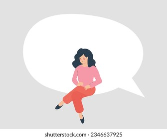 Businesswoman sits with crossed legs position on a big empty speech bubble. Woman sits inside a symbol of online message. Sharing ideas business. Concept of social media chat and communication. 