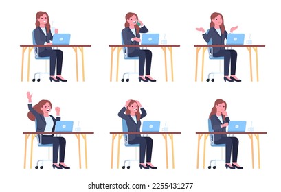 Businesswoman sits at desk. Woman sitting at table. Employee working at computer. Happy or upset worker. Female calling by phone and drinking coffee. Vector workplace
