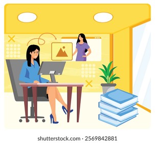 A businesswoman sits at her desk working on a computer. Another person appears on the video conference screen. Books and plants add to the professional decor. Flat vector modern illustration 