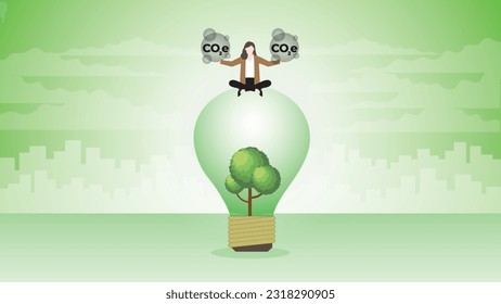 A businesswoman sits and holds CO2e gas on a tree lightbulb. Think of carbon emission, ESG idea, Environmental policy, Green business, Eco-friendly, Sustainability and Global nature concern concept.
