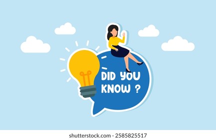 Businesswoman sits on a chat bubble that says DID YOU KNOW? with a brightly lit lamp beside her, illustration of news highlights and knowledge or fun facts