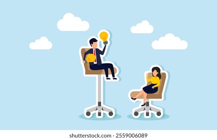 A businesswoman sits on an office chair in front of a businessman on a higher office chair holding a lamp, illustration of competing against competitors with great ideas and innovations