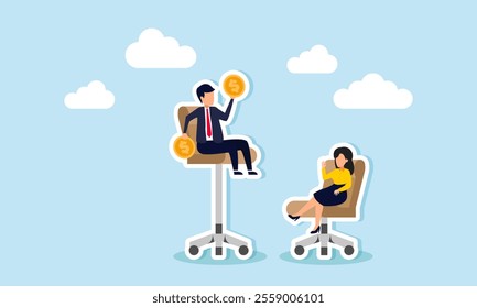 A businesswoman sits on an office chair in front of a businessman on a higher office chair holding dollar coins, illustration of competing against big competitors with strong finances