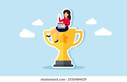 A businesswoman sits on a trophy and works on a laptop, illustration of conducting research to become the best business in her field and class