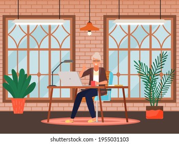 Businesswoman sits at table and works at computer at home. Old person with technology in office