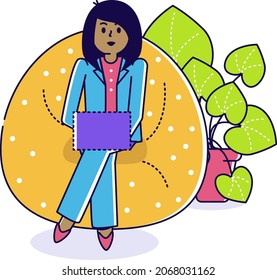 Businesswoman sitting bag with laptop, concept female character business work, office worker line flat vector illustration, isolated on white.