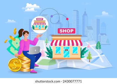 Empresaria sentada y comprando una franquicia. Comprar un negocio terminado. Concepto de tienda de construcción. algunos crowdfunding de inicio. Ilustración vectorial en diseño plano.