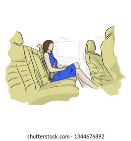 businesswoman sitting in a car vector illustration with black lines isolated on white background