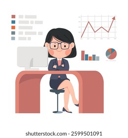 Businesswoman sitting in a chair thinking in the workplace cartoon